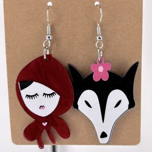 Little Red Riding Hood And Wolf Dangle Earrings Acrylic Cartoon